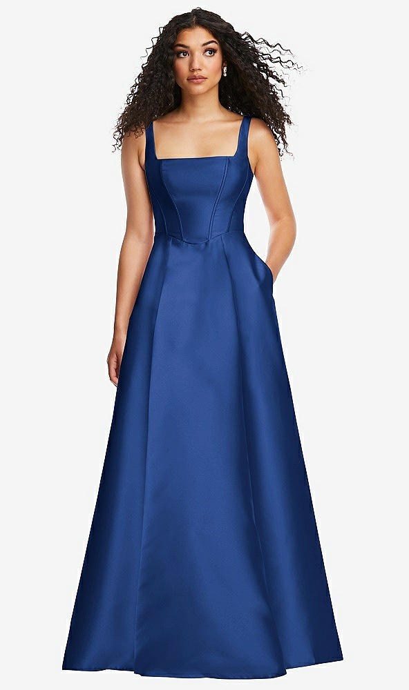 Front View - Classic Blue Boned Corset Closed-Back Satin Gown with Full Skirt and Pockets