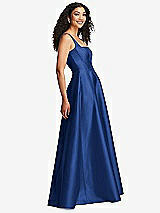 Side View Thumbnail - Classic Blue Boned Corset Closed-Back Satin Gown with Full Skirt and Pockets