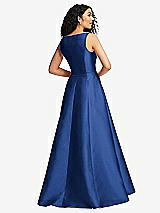 Rear View Thumbnail - Classic Blue Boned Corset Closed-Back Satin Gown with Full Skirt and Pockets