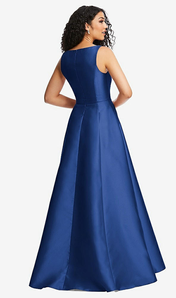 Back View - Classic Blue Boned Corset Closed-Back Satin Gown with Full Skirt and Pockets