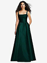 Front View Thumbnail - Evergreen Boned Corset Closed-Back Satin Gown with Full Skirt and Pockets