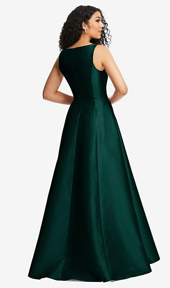Back View - Evergreen Boned Corset Closed-Back Satin Gown with Full Skirt and Pockets