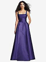 Front View Thumbnail - Grape Boned Corset Closed-Back Satin Gown with Full Skirt and Pockets