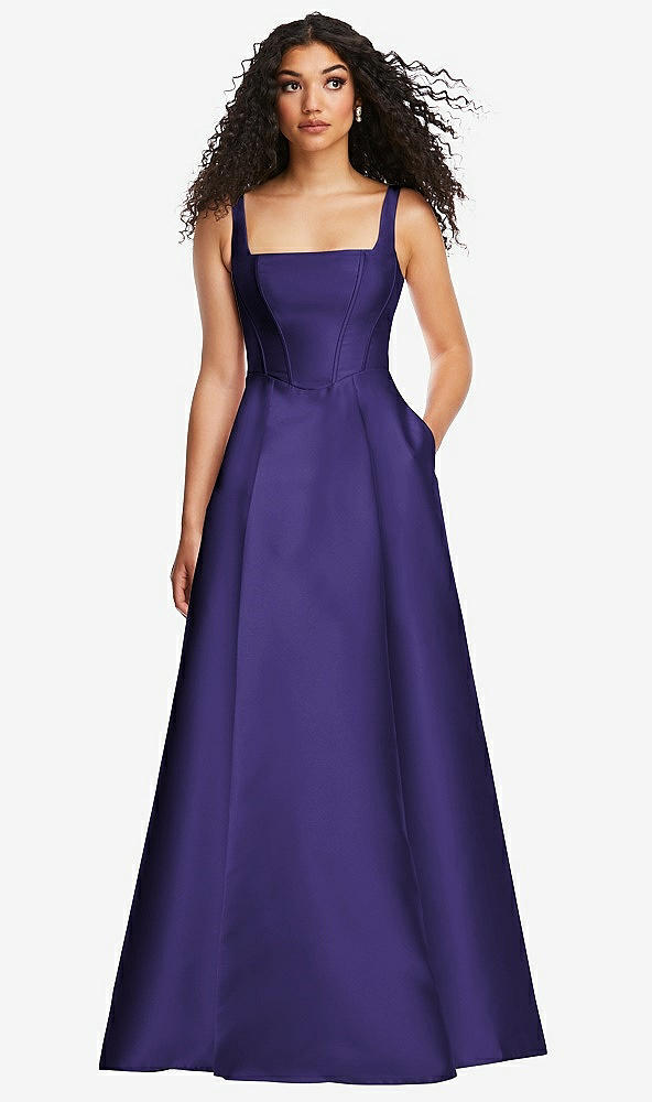 Front View - Grape Boned Corset Closed-Back Satin Gown with Full Skirt and Pockets