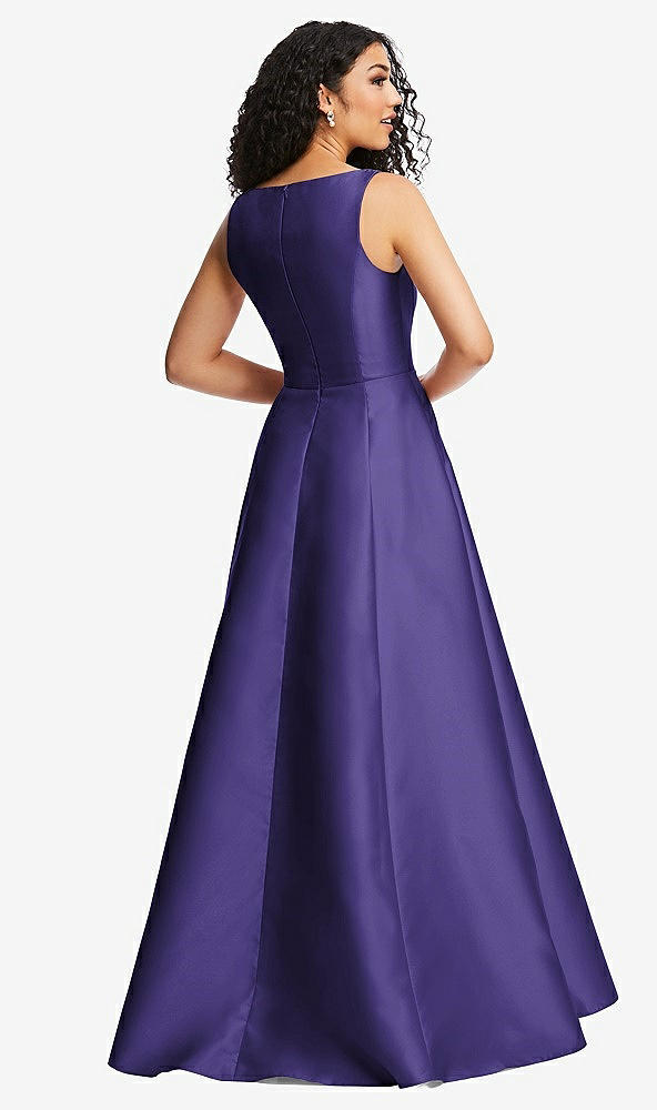 Back View - Grape Boned Corset Closed-Back Satin Gown with Full Skirt and Pockets