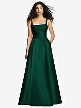 Front View Thumbnail - Hunter Green Boned Corset Closed-Back Satin Gown with Full Skirt and Pockets