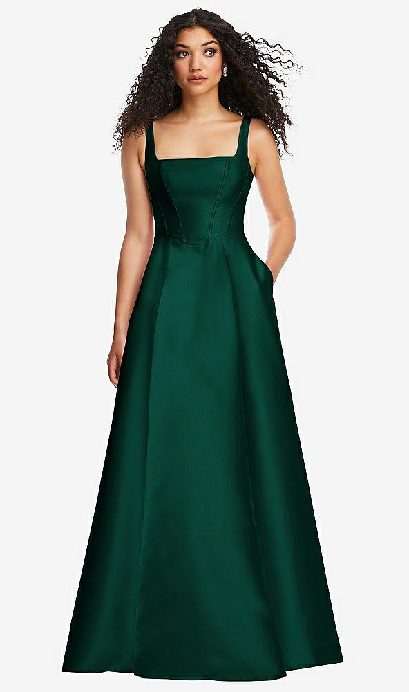 Front View - Hunter Green Boned Corset Closed-Back Satin Gown with Full Skirt and Pockets