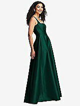 Side View Thumbnail - Hunter Green Boned Corset Closed-Back Satin Gown with Full Skirt and Pockets