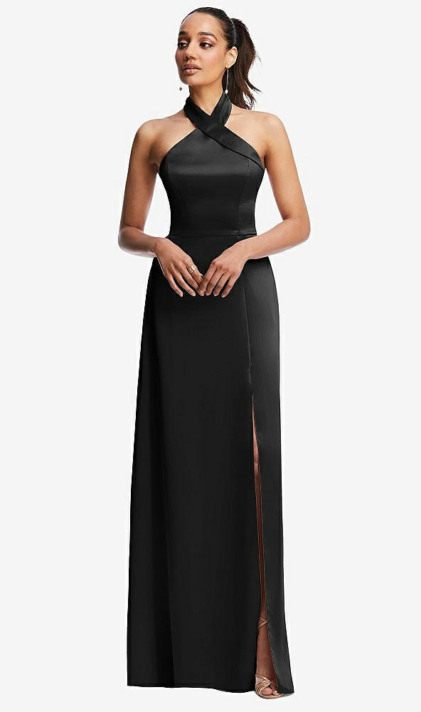 Front View - Black Shawl Collar Open-Back Halter Maxi Dress with Pockets