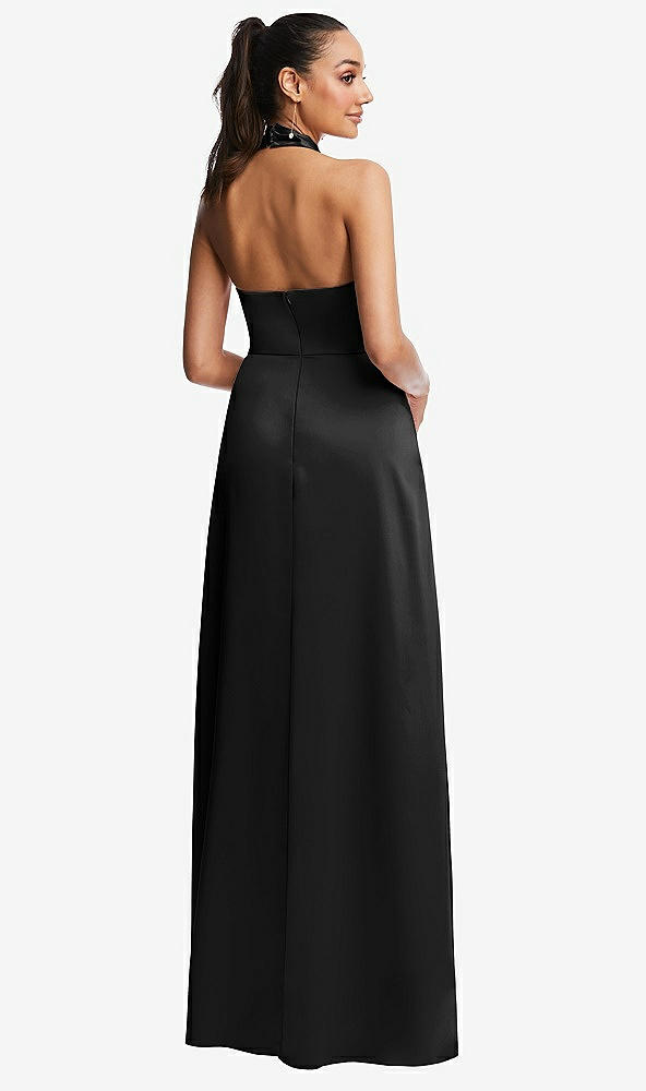Back View - Black Shawl Collar Open-Back Halter Maxi Dress with Pockets