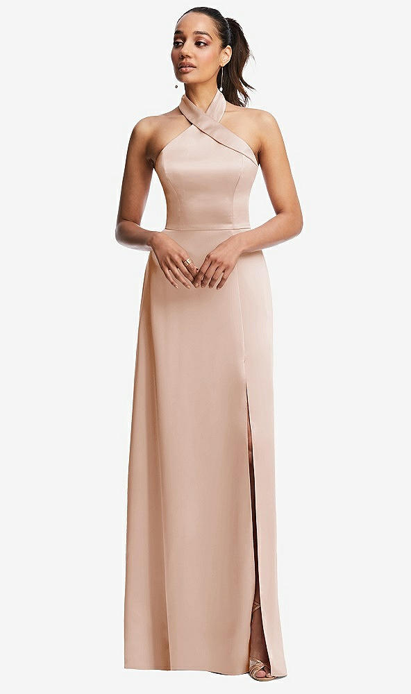 Front View - Cameo Shawl Collar Open-Back Halter Maxi Dress with Pockets