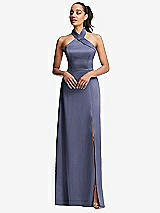 Front View Thumbnail - French Blue Shawl Collar Open-Back Halter Maxi Dress with Pockets