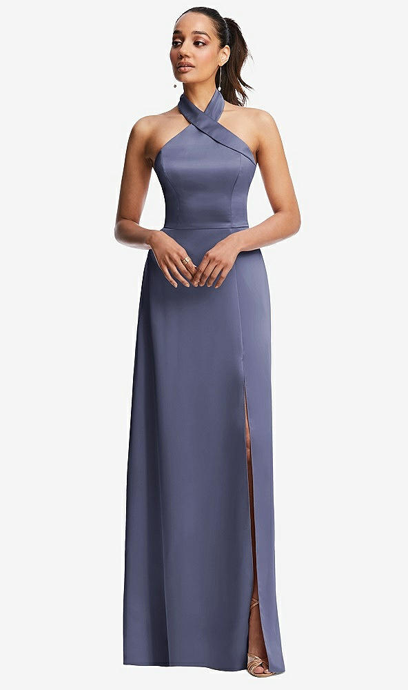 Front View - French Blue Shawl Collar Open-Back Halter Maxi Dress with Pockets