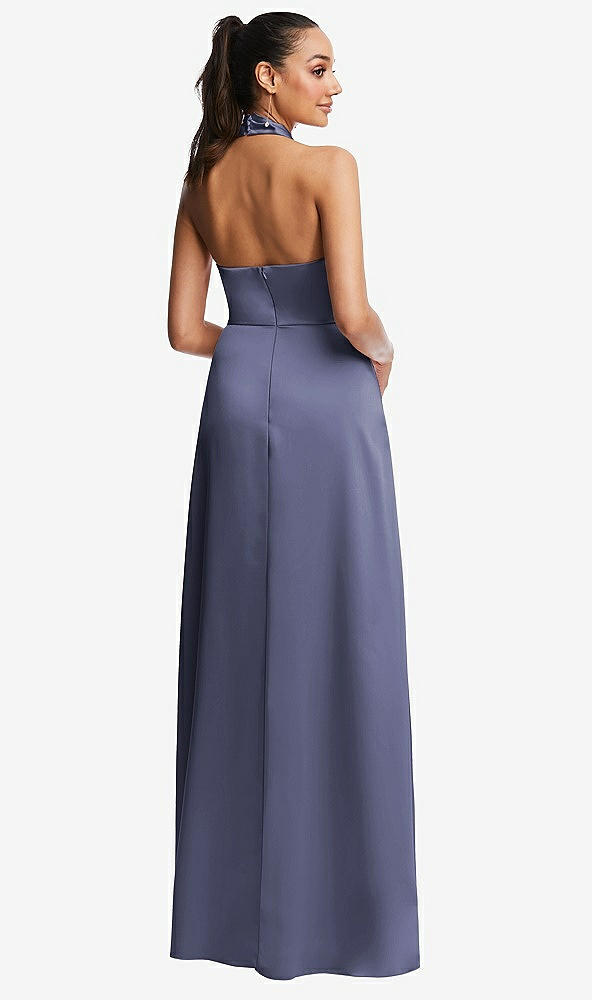 Back View - French Blue Shawl Collar Open-Back Halter Maxi Dress with Pockets