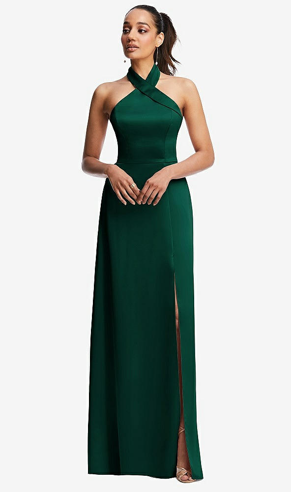 Front View - Hunter Green Shawl Collar Open-Back Halter Maxi Dress with Pockets