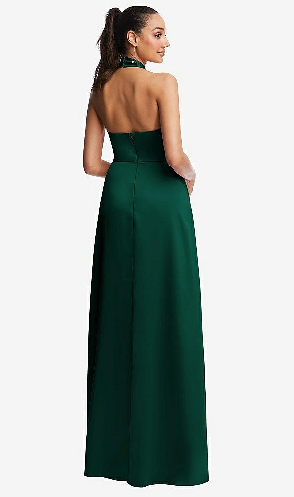 Back View - Hunter Green Shawl Collar Open-Back Halter Maxi Dress with Pockets