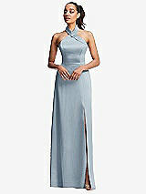 Front View Thumbnail - Mist Shawl Collar Open-Back Halter Maxi Dress with Pockets