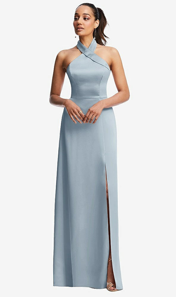 Front View - Mist Shawl Collar Open-Back Halter Maxi Dress with Pockets