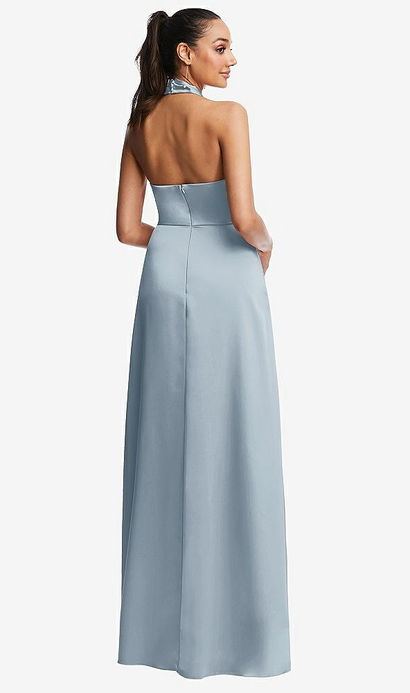 Back View - Mist Shawl Collar Open-Back Halter Maxi Dress with Pockets