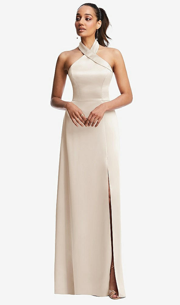 Front View - Oat Shawl Collar Open-Back Halter Maxi Dress with Pockets