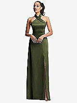 Front View Thumbnail - Olive Green Shawl Collar Open-Back Halter Maxi Dress with Pockets