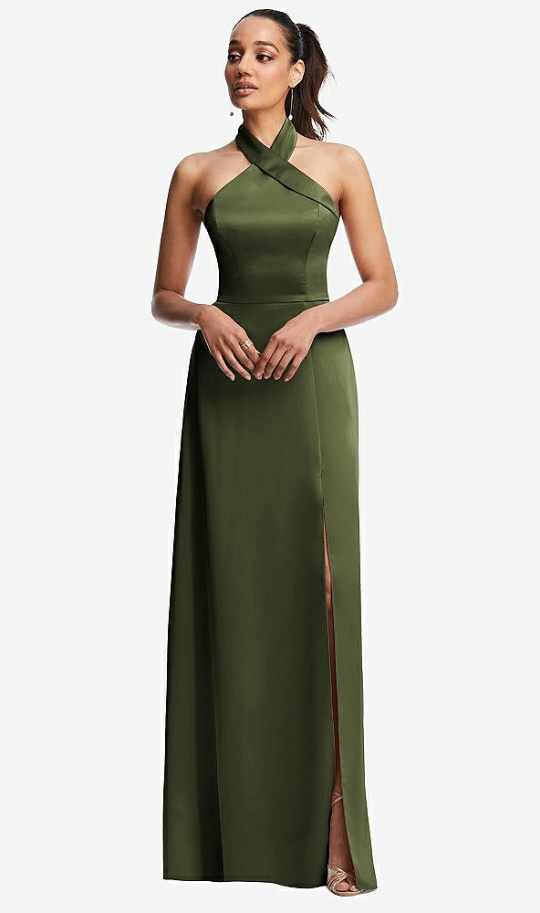 Front View - Olive Green Shawl Collar Open-Back Halter Maxi Dress with Pockets