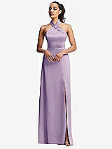 Front View Thumbnail - Pale Purple Shawl Collar Open-Back Halter Maxi Dress with Pockets