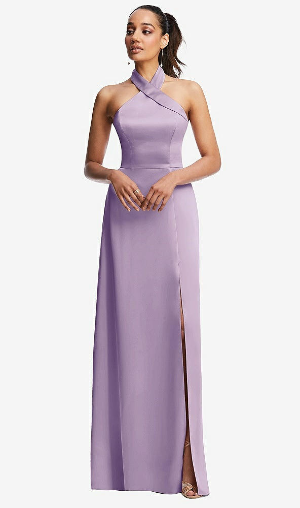 Front View - Pale Purple Shawl Collar Open-Back Halter Maxi Dress with Pockets