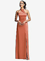 Front View Thumbnail - Terracotta Copper Shawl Collar Open-Back Halter Maxi Dress with Pockets