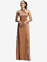 Front View Thumbnail - Toffee Shawl Collar Open-Back Halter Maxi Dress with Pockets