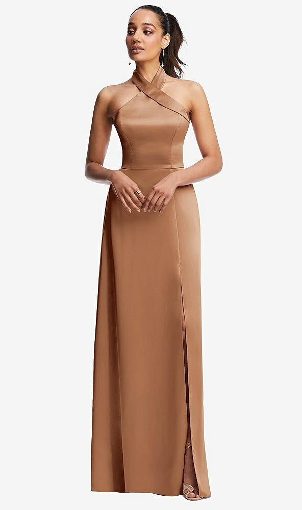Front View - Toffee Shawl Collar Open-Back Halter Maxi Dress with Pockets