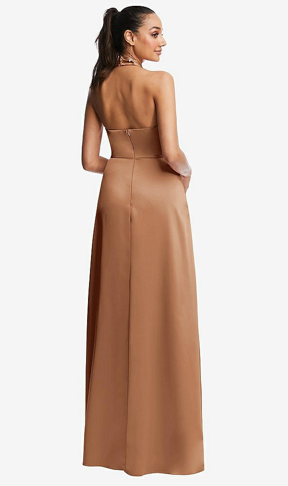 Back View - Toffee Shawl Collar Open-Back Halter Maxi Dress with Pockets