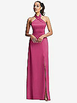 Front View Thumbnail - Tea Rose Shawl Collar Open-Back Halter Maxi Dress with Pockets
