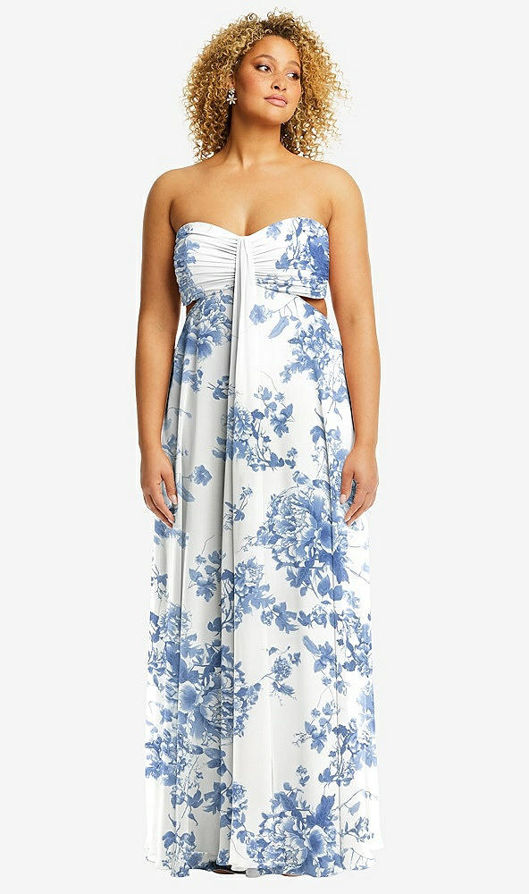 Front View - Cottage Rose Dusk Blue Strapless Empire Waist Cutout Maxi Dress with Covered Button Detail