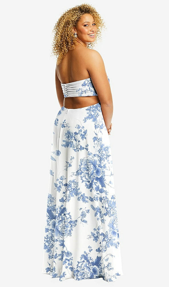 Back View - Cottage Rose Dusk Blue Strapless Empire Waist Cutout Maxi Dress with Covered Button Detail