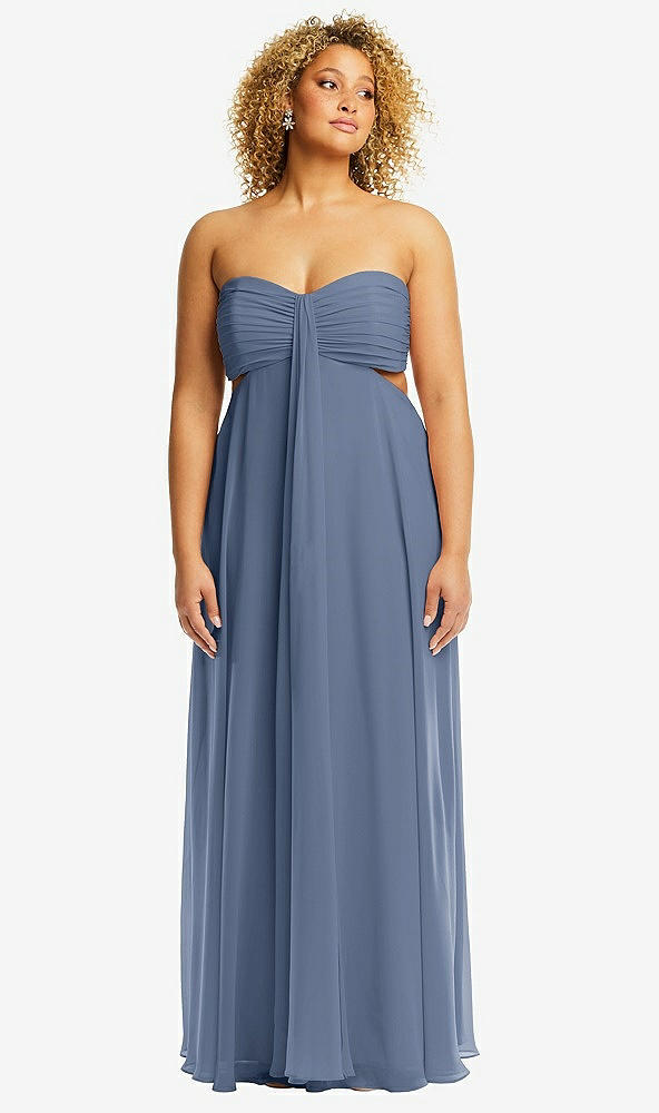 Front View - Larkspur Blue Strapless Empire Waist Cutout Maxi Dress with Covered Button Detail