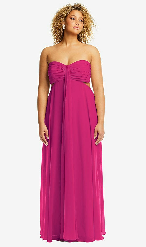 Front View - Think Pink Strapless Empire Waist Cutout Maxi Dress with Covered Button Detail
