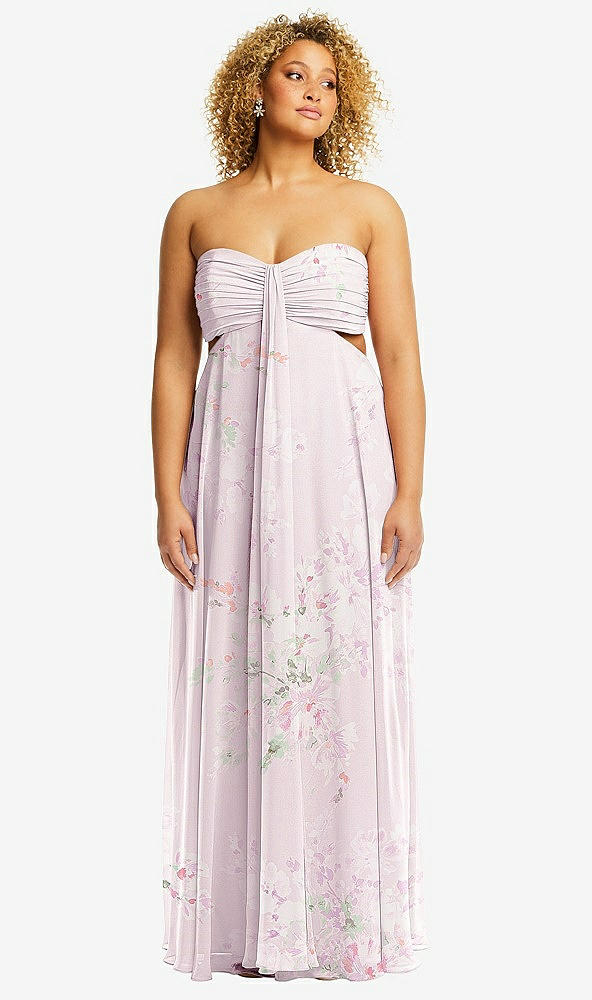 Front View - Watercolor Print Strapless Empire Waist Cutout Maxi Dress with Covered Button Detail