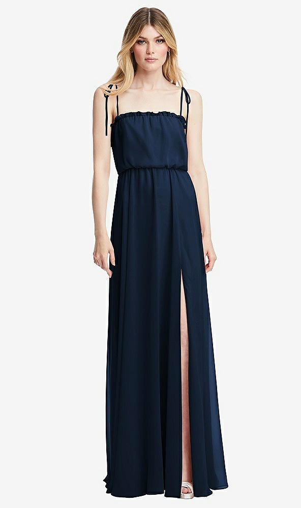 Front View - Midnight Navy Skinny Tie-Shoulder Ruffle-Trimmed Blouson Maxi Dress