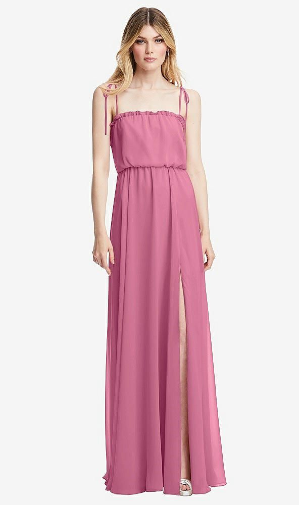 Front View - Orchid Pink Skinny Tie-Shoulder Ruffle-Trimmed Blouson Maxi Dress