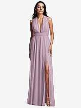 Front View Thumbnail - Suede Rose Shirred Deep Plunge Neck Closed Back Chiffon Maxi Dress 
