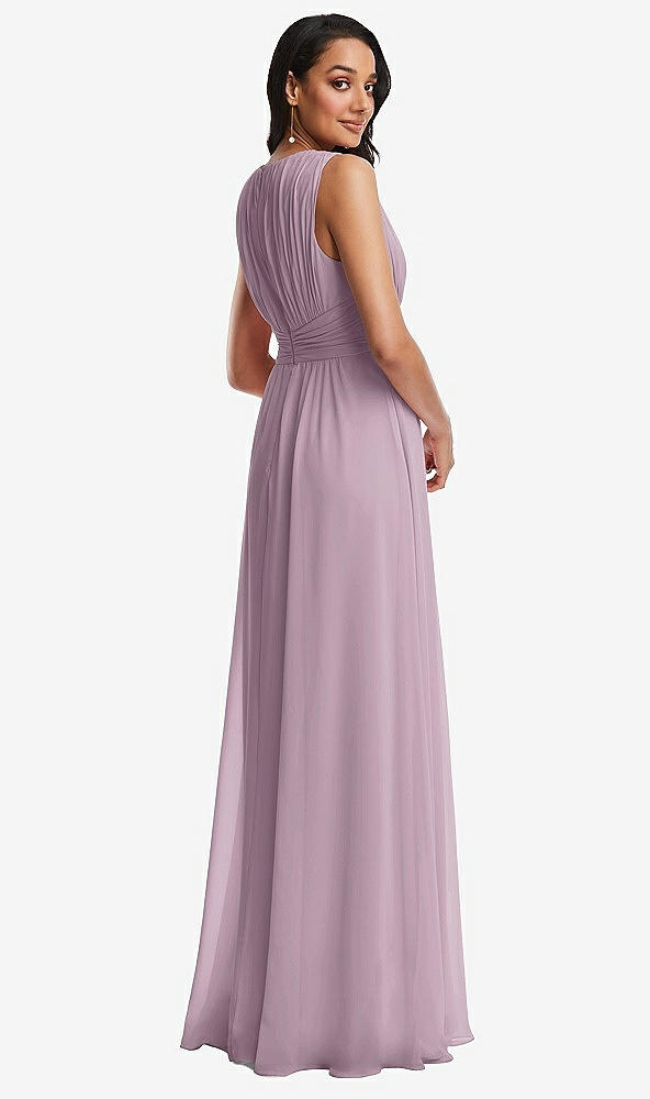 Back View - Suede Rose Shirred Deep Plunge Neck Closed Back Chiffon Maxi Dress 