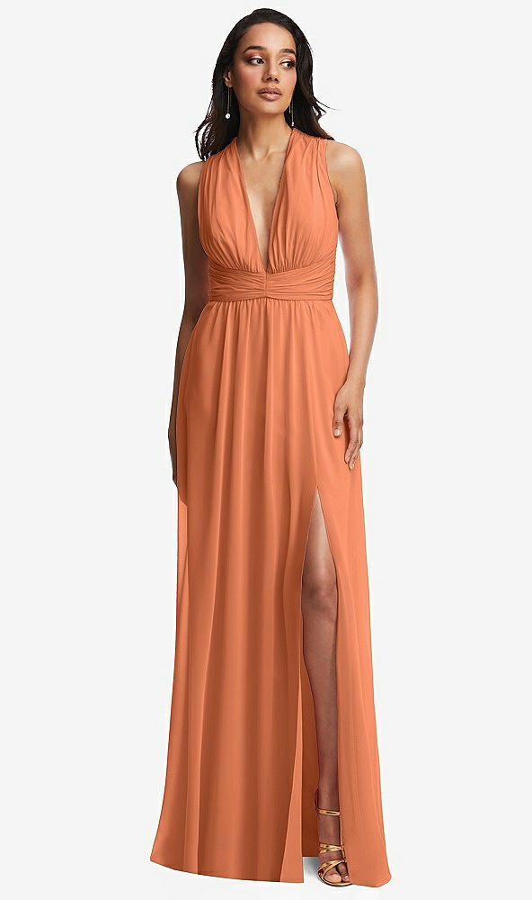 Front View - Sweet Melon Shirred Deep Plunge Neck Closed Back Chiffon Maxi Dress 