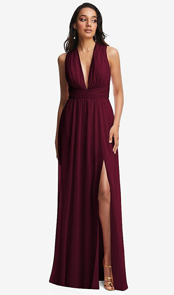 Front View - Cabernet Shirred Deep Plunge Neck Closed Back Chiffon Maxi Dress 