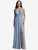 Front View Thumbnail - Cloudy Shirred Deep Plunge Neck Closed Back Chiffon Maxi Dress 