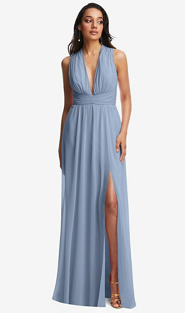 Front View - Cloudy Shirred Deep Plunge Neck Closed Back Chiffon Maxi Dress 