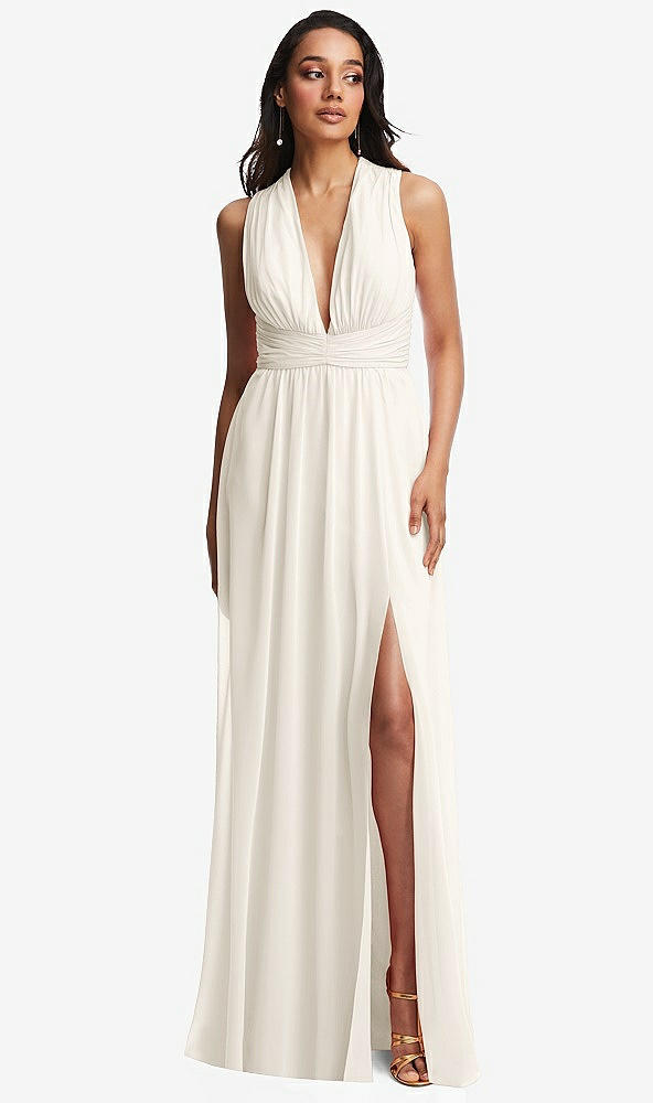 Front View - Ivory Shirred Deep Plunge Neck Closed Back Chiffon Maxi Dress 