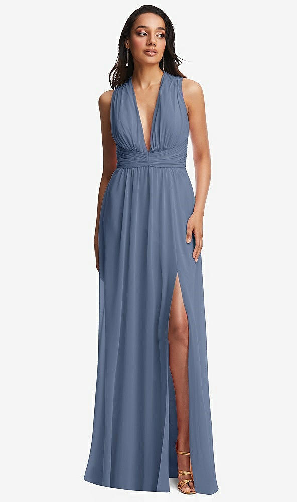 Front View - Larkspur Blue Shirred Deep Plunge Neck Closed Back Chiffon Maxi Dress 