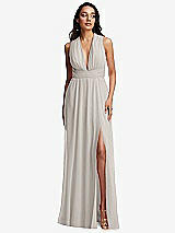 Front View Thumbnail - Oyster Shirred Deep Plunge Neck Closed Back Chiffon Maxi Dress 