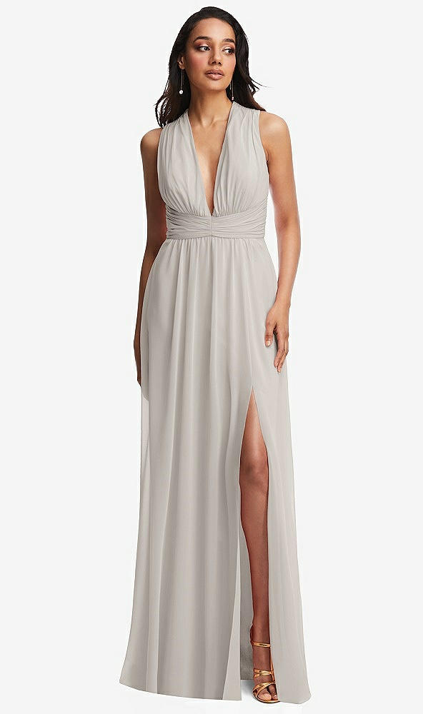 Front View - Oyster Shirred Deep Plunge Neck Closed Back Chiffon Maxi Dress 
